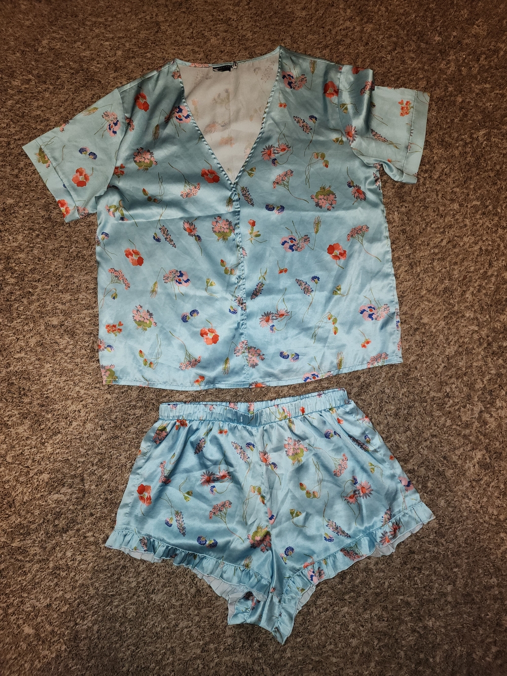 ASOS Design Satin Floral Pajama Set Blue Short Sleeve Top & Ruffle Shorts Size M